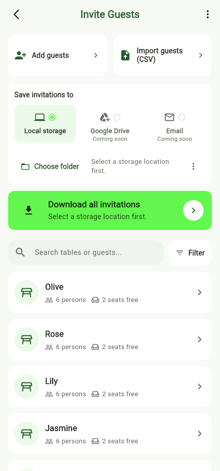 Invite Guests with add and CSV import actions, invitation downloads, and collapsed table groups.
