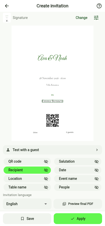 Signature invitation template personalized for Emma Bennett, with editable fields and a QR code.