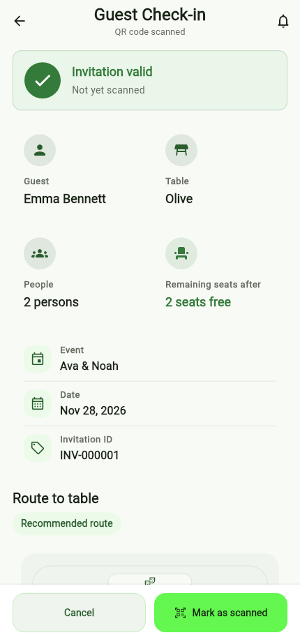 Check-in review for fictional guest Emma Bennett, with table Olive, two people and invitation details.