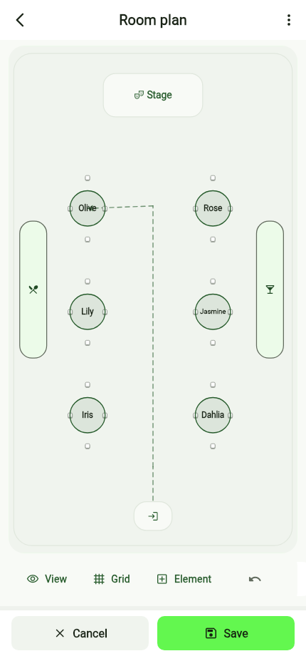 Editable room plan with six named tables, stage, buffet, bar, entrance and a saved route.